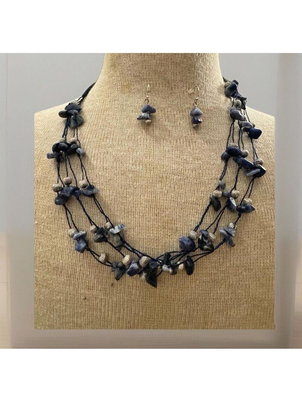 NECKLACE EARRING VTG Avon Lapis Lazuli 3strand Chunky Stone W/Silver Tone Beads